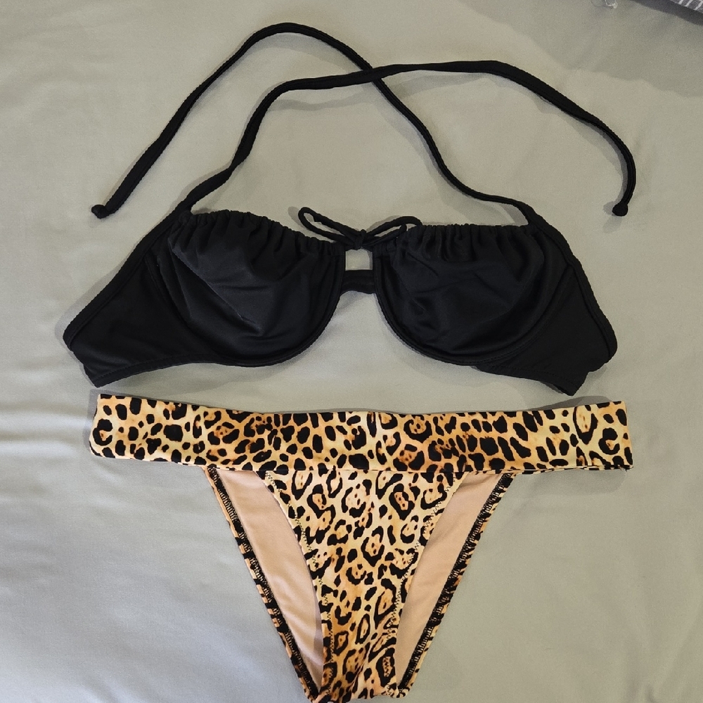 VENUS Black Bikini Top with Leopard Print Brazilian Victoria Secret Bottom